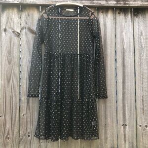 Essue Black Sheer Babydoll Dress Metallic Gold Polka Dots Size S Mesh